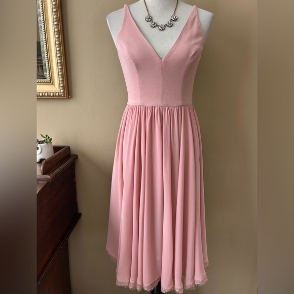Dress the Population Alicia Dress Blush Pink Chiffon Midi Twirl V-Neck Size S - Picture 13 of 13